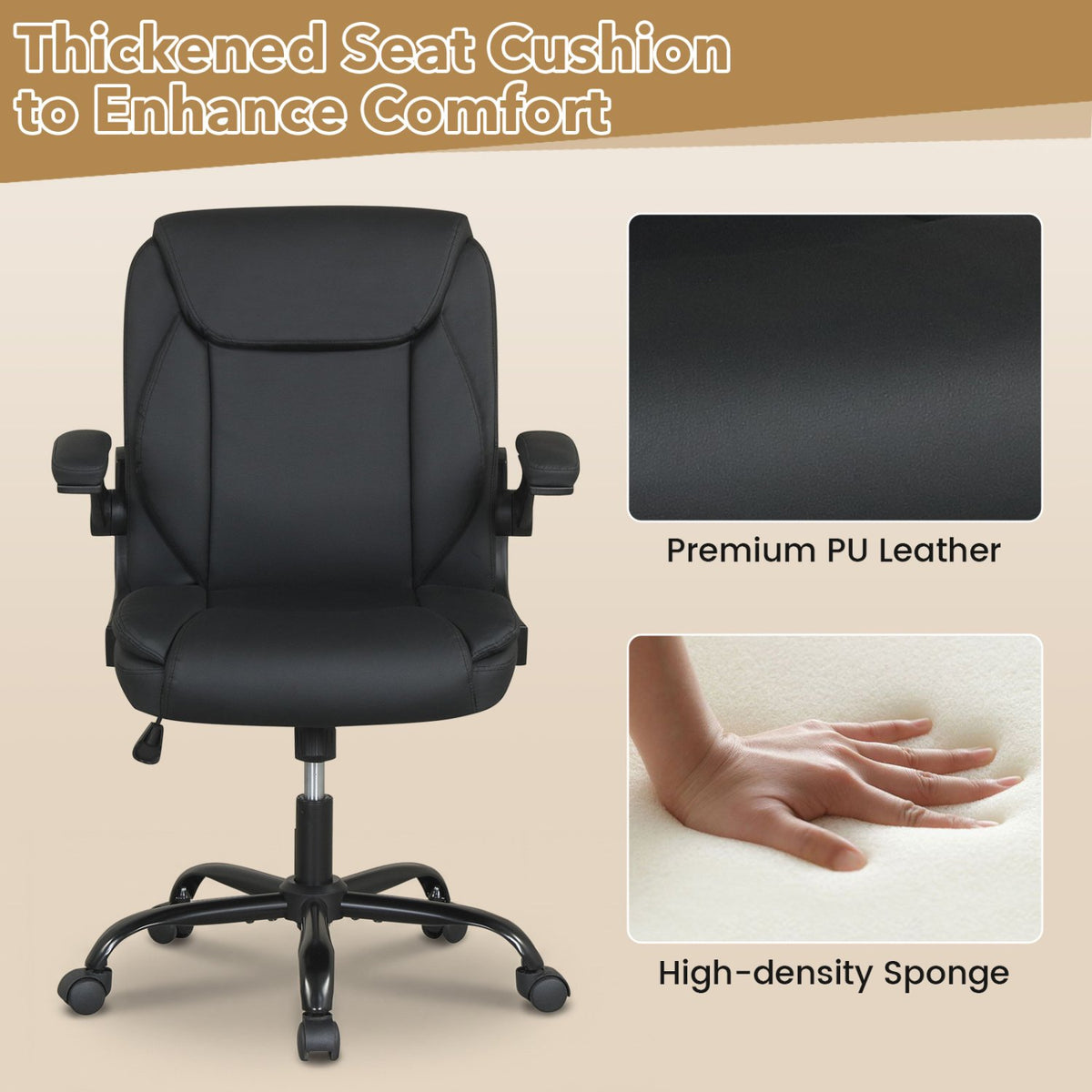 Ergonomic Leather Office Chair with Flip-up Armrests and Rocking Function-Black view 8
