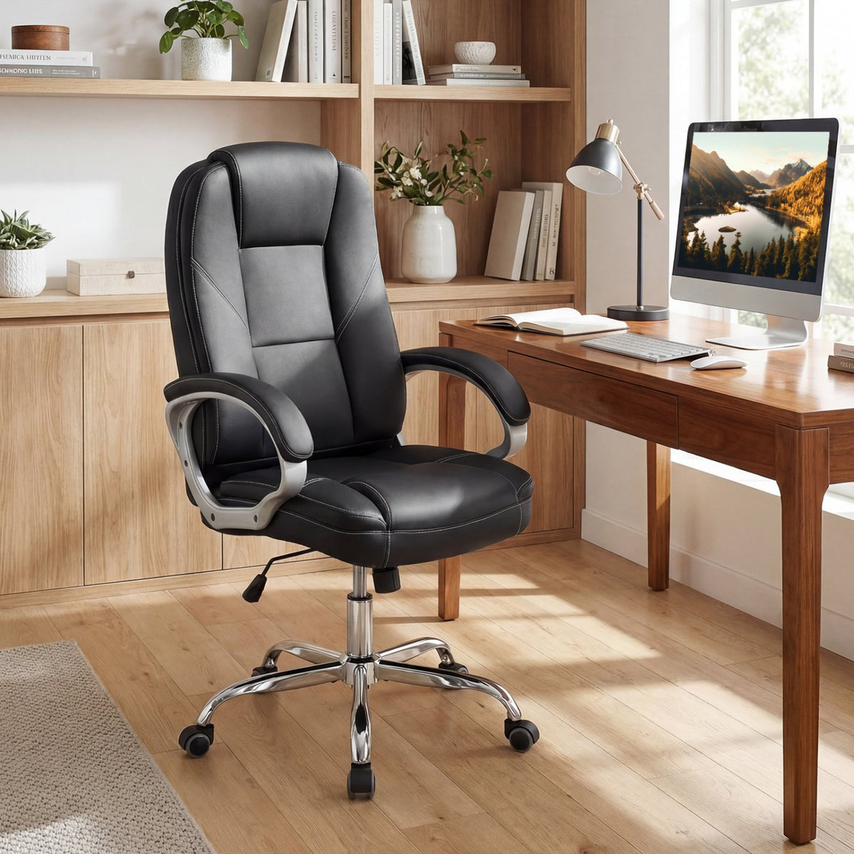Ergonomic Leather Office Chair with Padded Armrests and Rocking Backrest-Black view 2