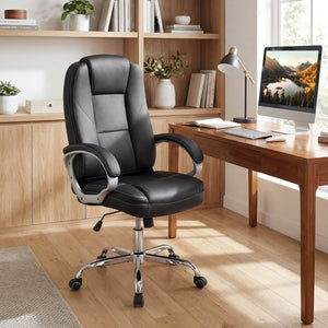 Ergonomic Leather Office Chair with Padded Armrests and Rocking Backrest-Black view 2