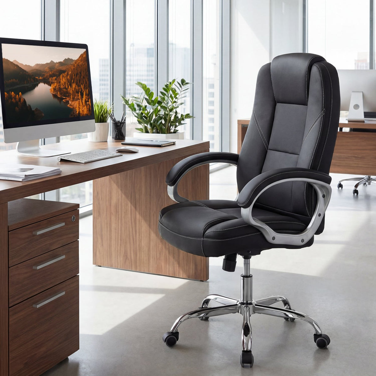 Ergonomic Leather Office Chair with Padded Armrests and Rocking Backrest-Black view 3