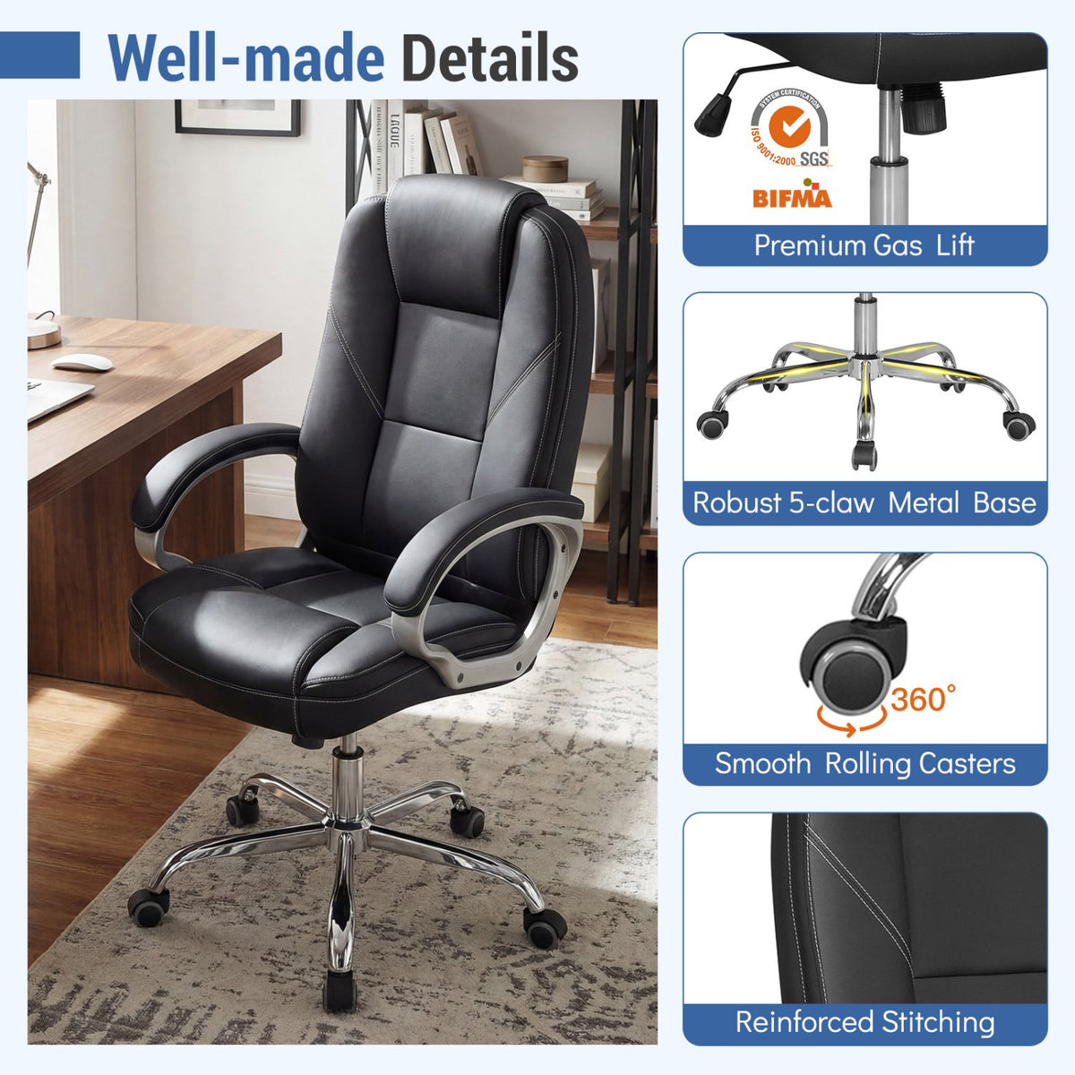 Ergonomic Leather Office Chair with Padded Armrests and Rocking Backrest-Black view 5