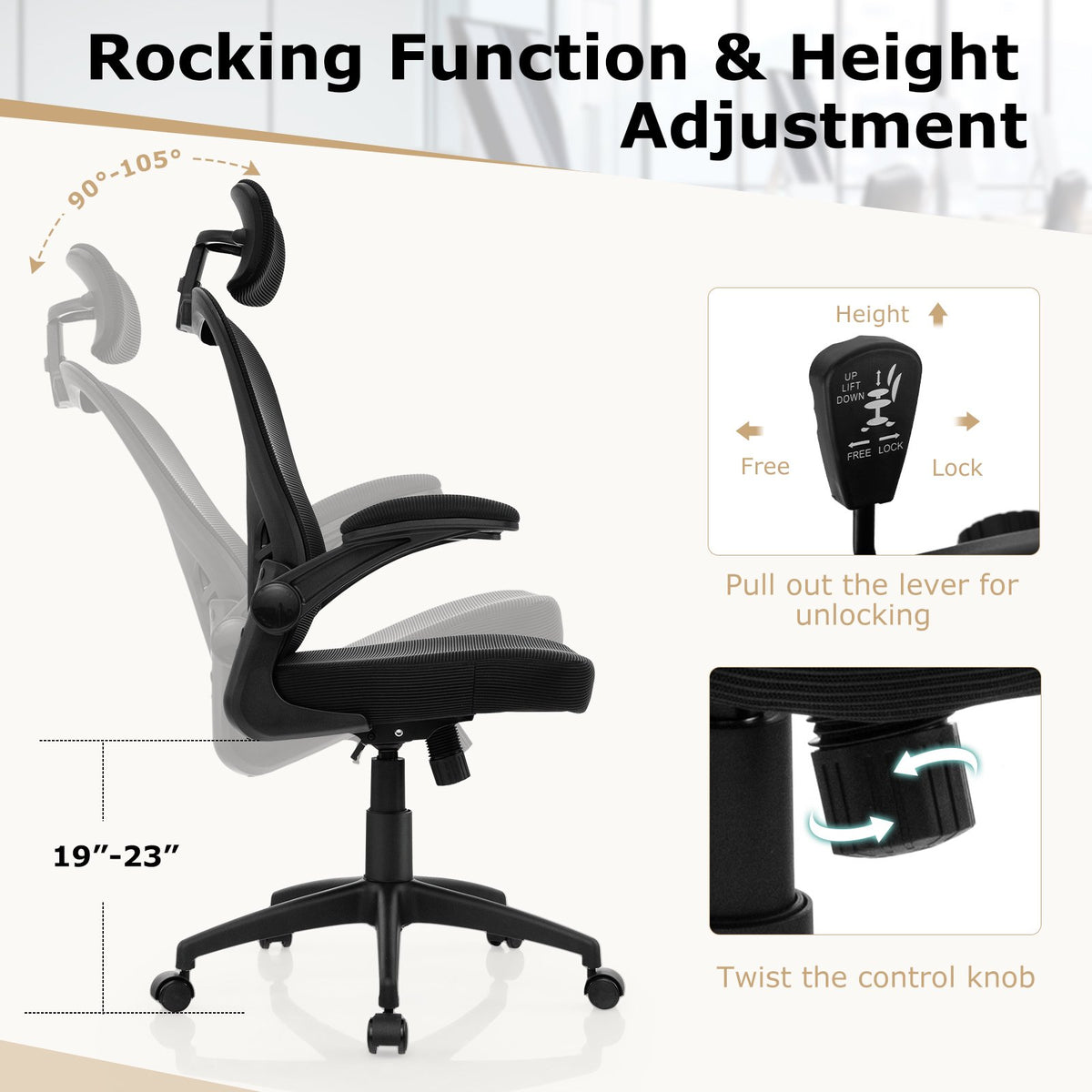 Ergonomic Mesh Office Chair with Adjustable Height for Home Office-Black view 4