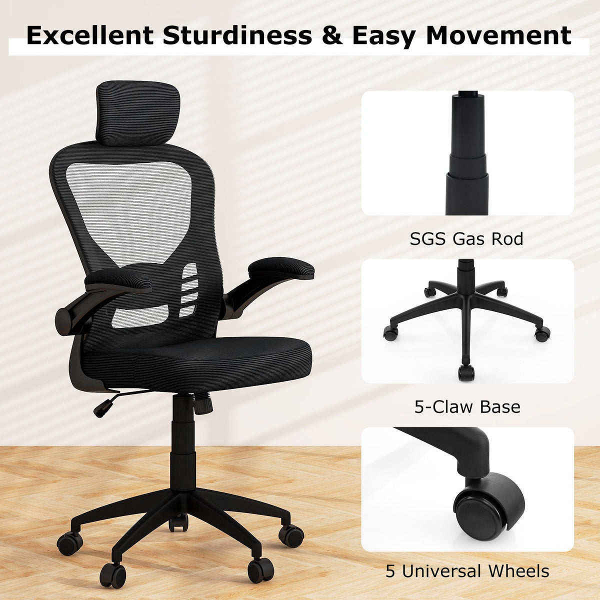Ergonomic Mesh Office Chair with Adjustable Height for Home Office-Black view 9