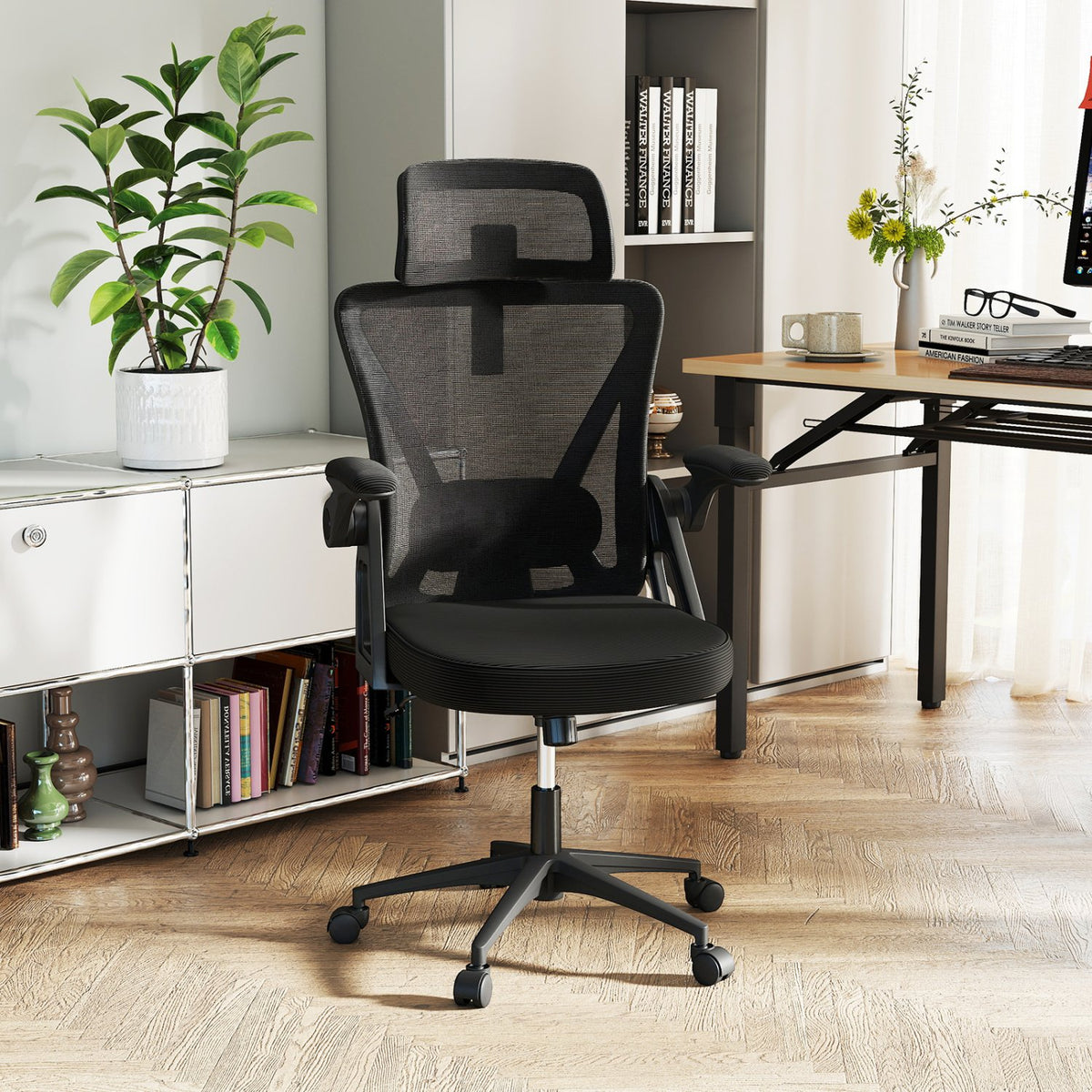 Ergonomic Mesh Office Chair with Adjustable Lumbar Support and Flip-up Armrests-Black view 2
