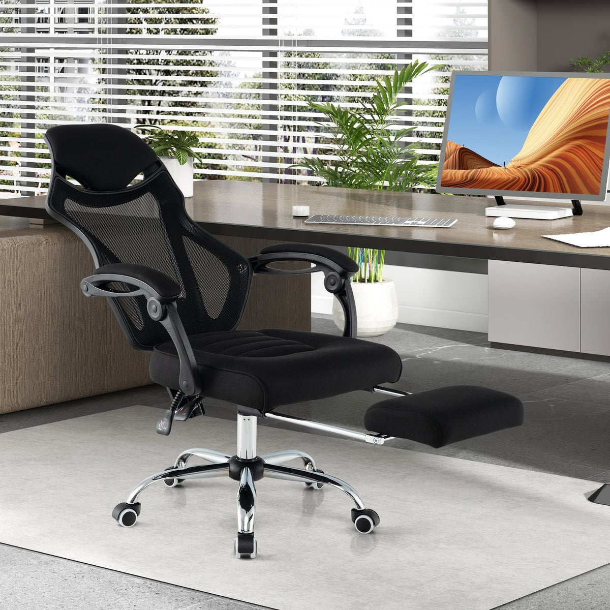 Ergonomic Mesh Office Chair with Footrest and Tilting Backrest-Black view 3