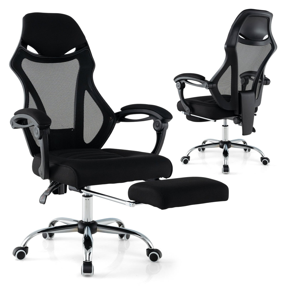 Ergonomic Mesh Office Chair with Footrest and Tilting Backrest-Black view 4