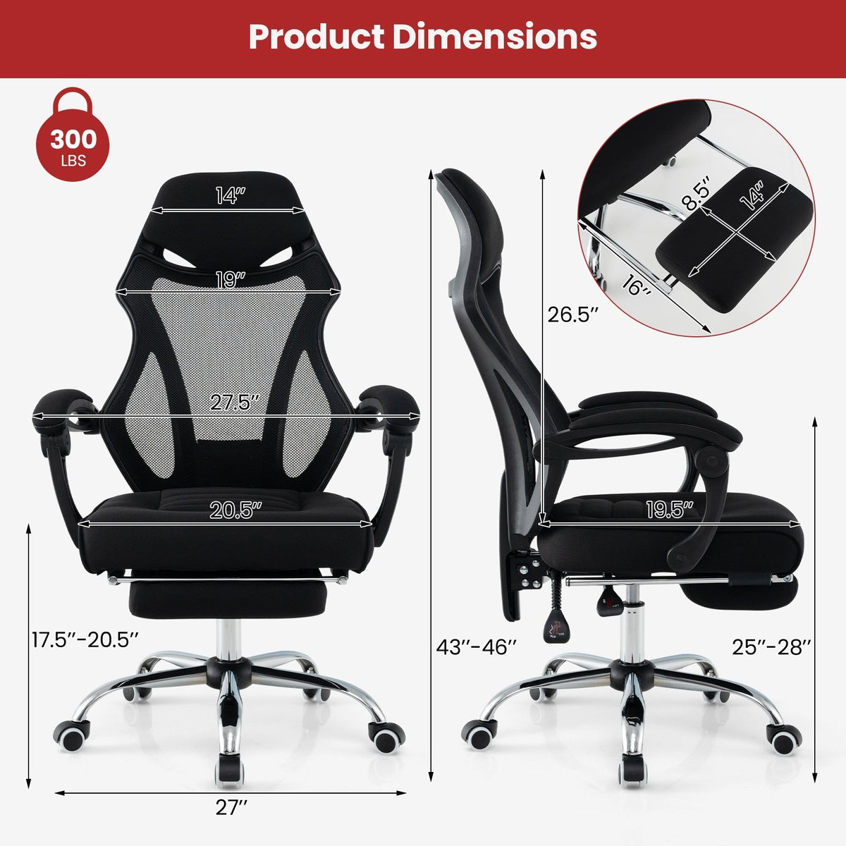 Ergonomic Mesh Office Chair with Footrest and Tilting Backrest-Black view 5