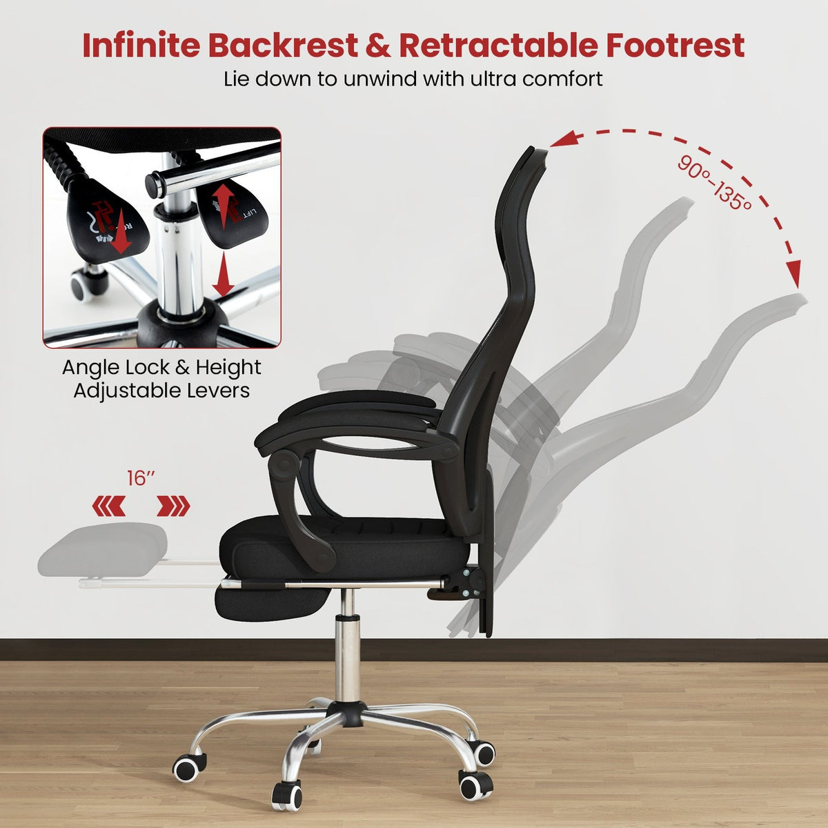 Ergonomic Mesh Office Chair with Footrest and Tilting Backrest-Black view 7