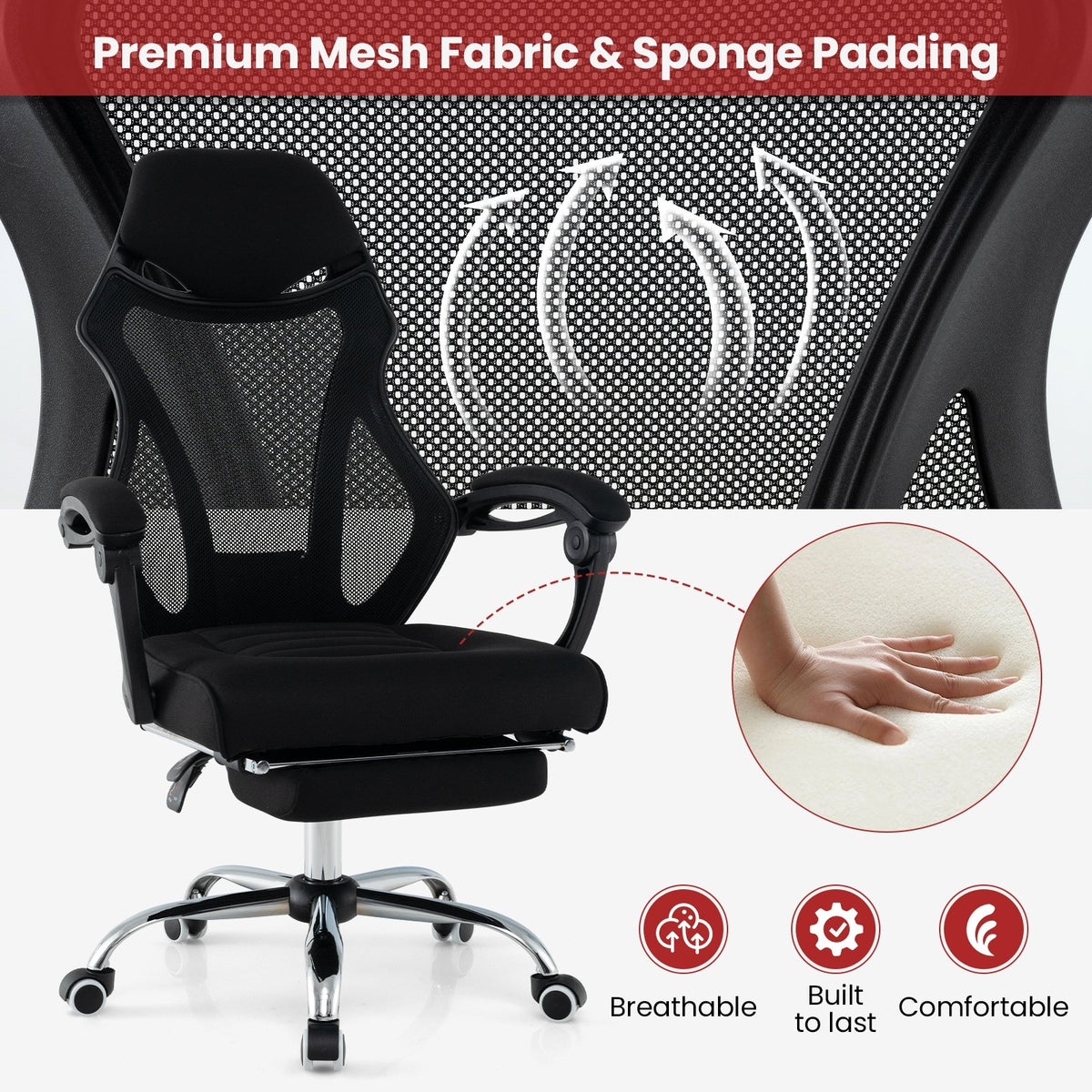 Ergonomic Mesh Office Chair with Footrest and Tilting Backrest-Black view 8