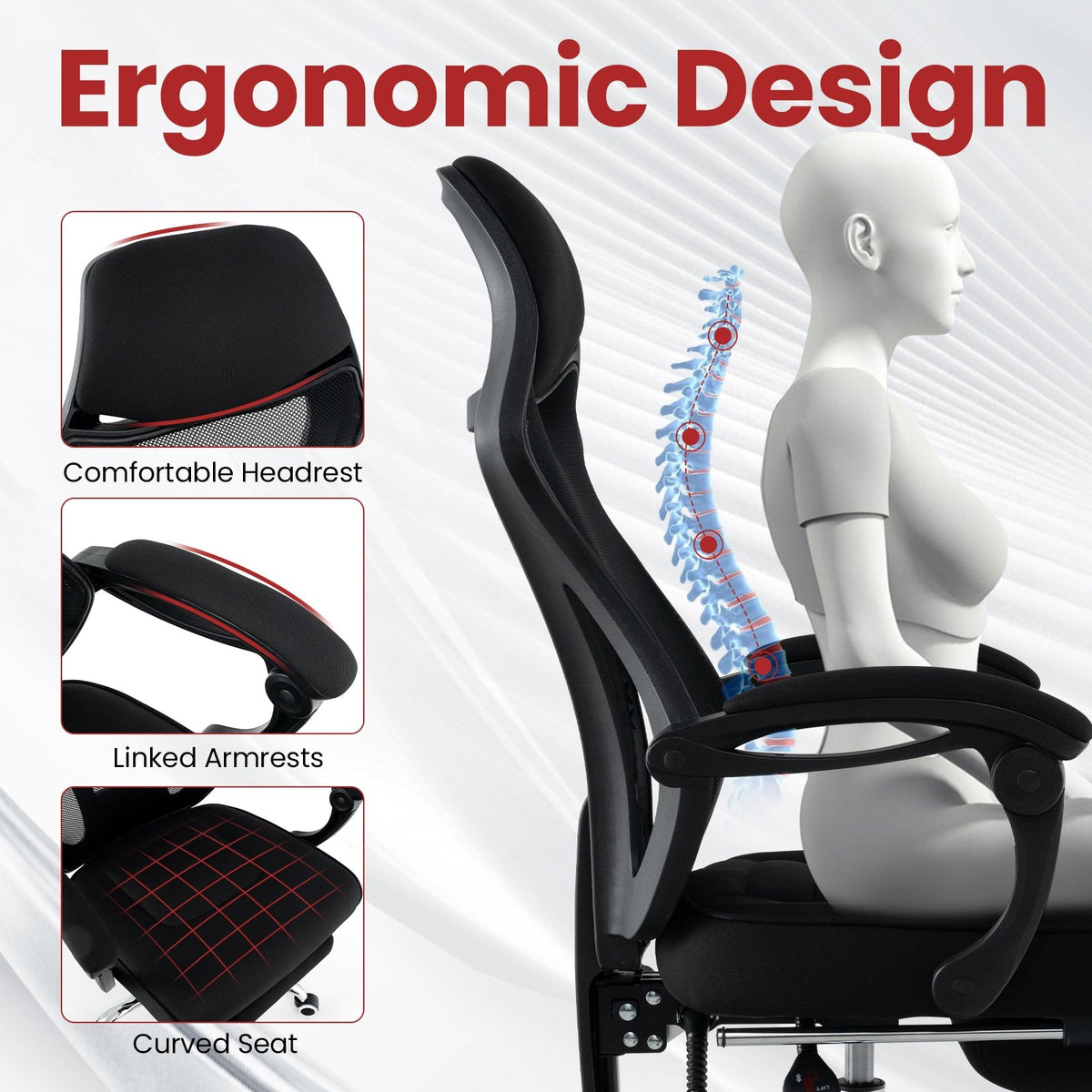 Ergonomic Mesh Office Chair with Footrest and Tilting Backrest-Black view 9