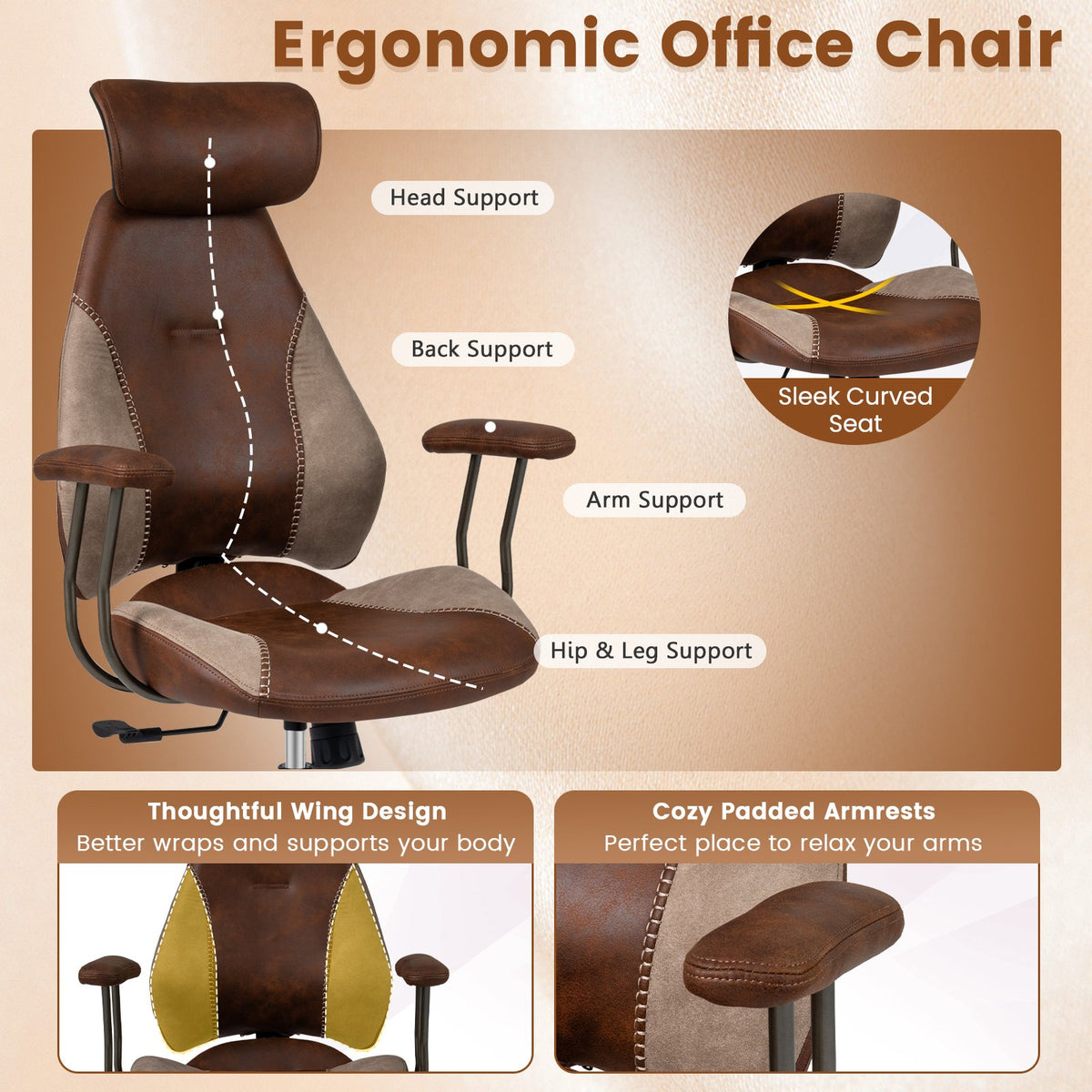 Ergonomic Office Chair Computer Desk Chair with 2D Headrest and Rocking Backrest-Brown view 7