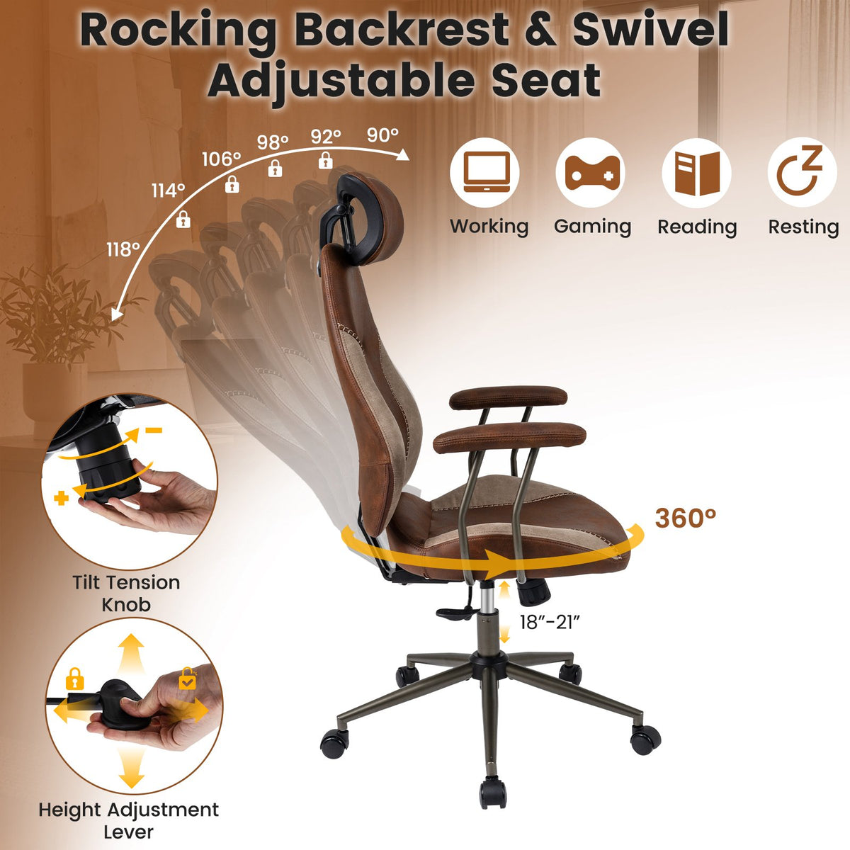Ergonomic Office Chair Computer Desk Chair with 2D Headrest and Rocking Backrest-Brown view 9