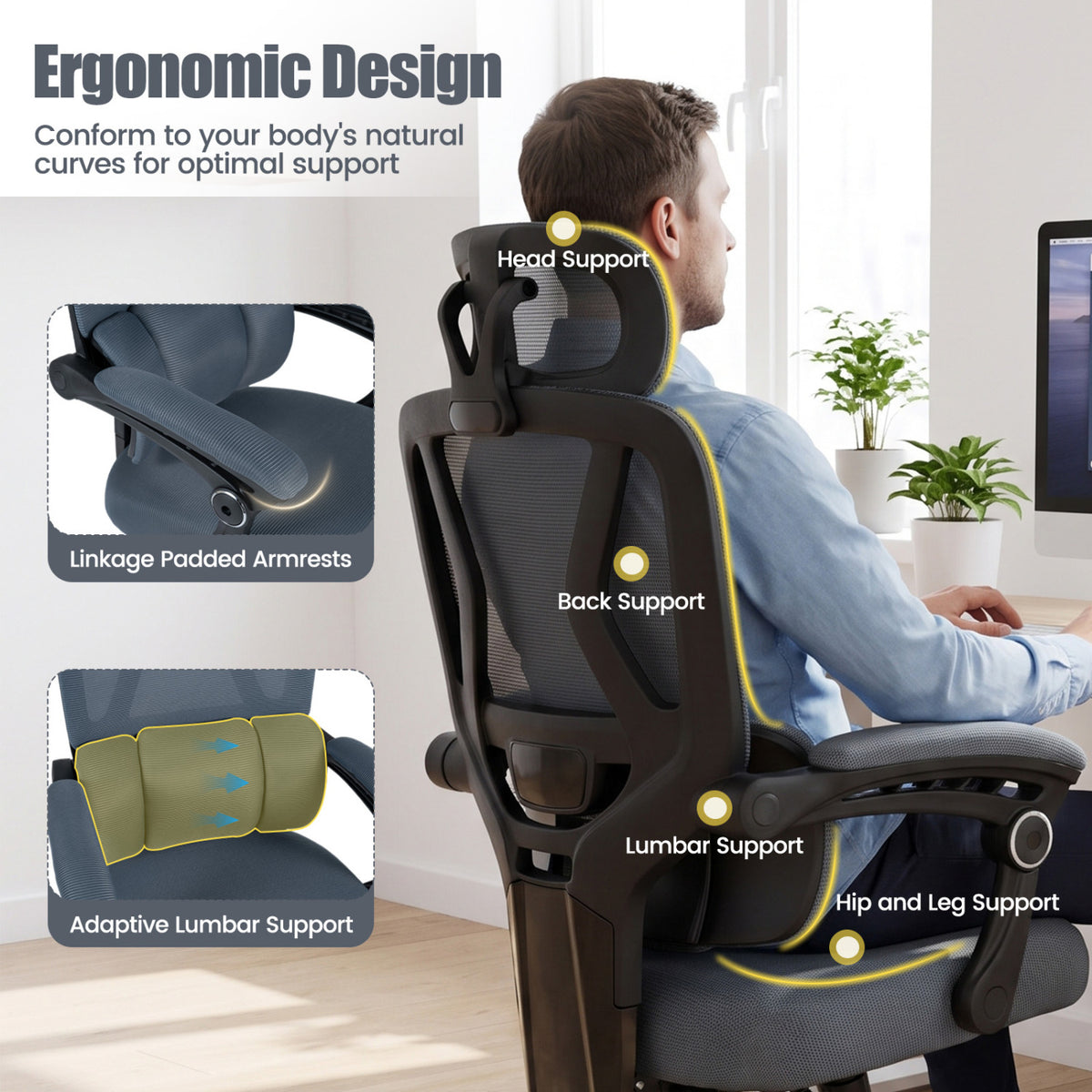 Ergonomic Office Computer Mesh Chair with High Back Adaptive Lumbar Support and 2D Adjustable Headrest-Gray view 8