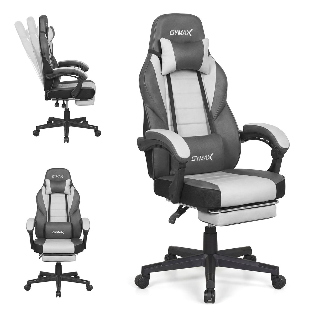 Ergonomic Video Game Chair with Headrest and Reclining Backrest-Grey