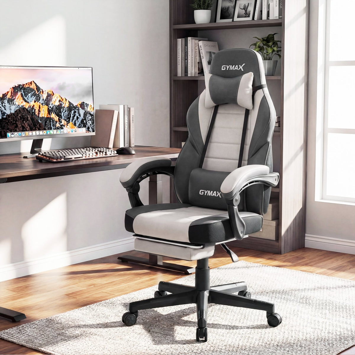 Ergonomic Video Game Chair with Headrest and Reclining Backrest-Grey view 2