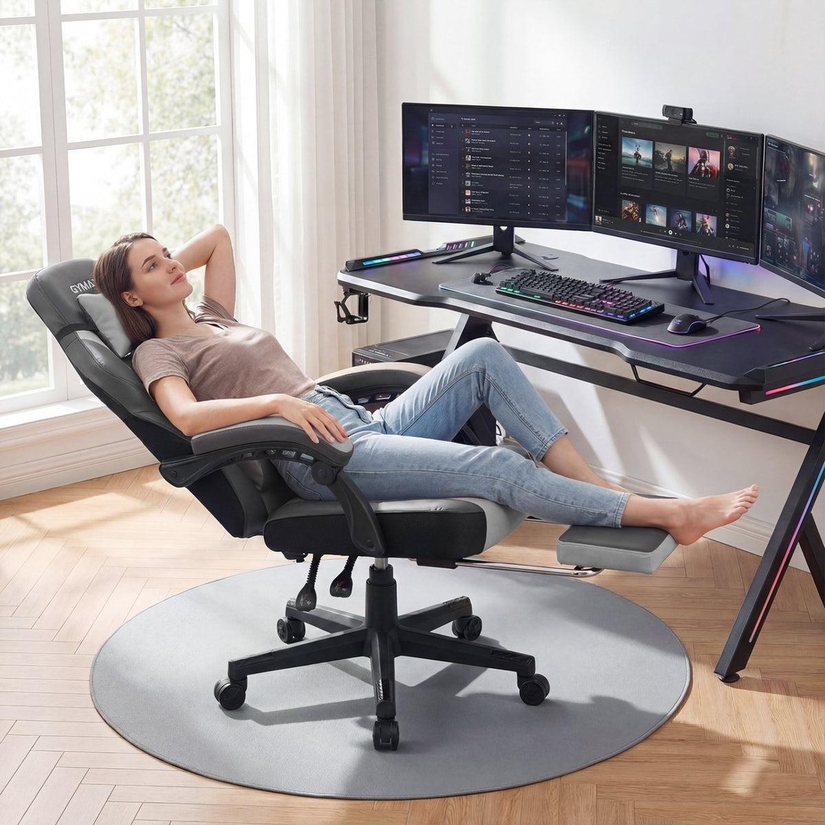 Ergonomic Video Game Chair with Headrest and Reclining Backrest-Grey view 3