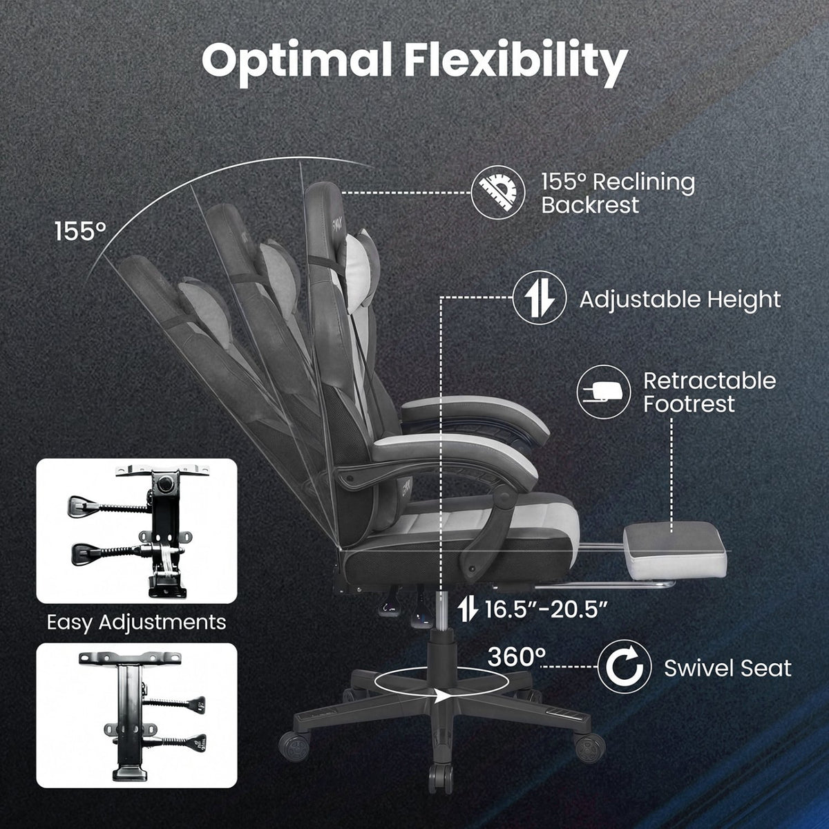 Ergonomic Video Game Chair with Headrest and Reclining Backrest-Grey view 8