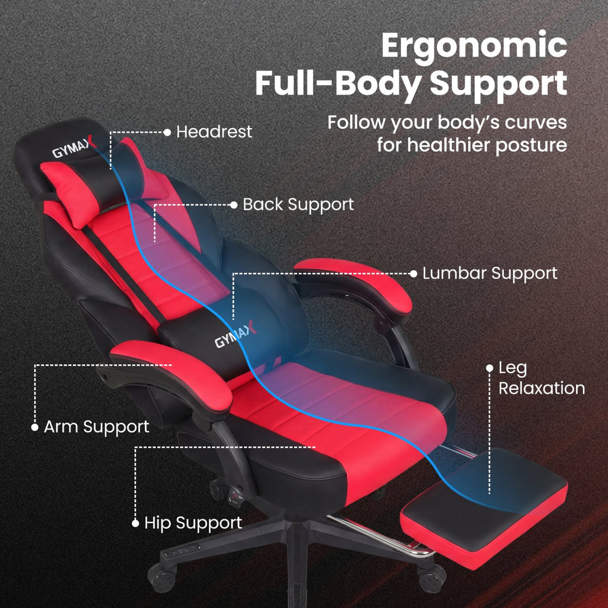 Ergonomic Video Game Chair with Headrest and Reclining Backrest-Red view 7