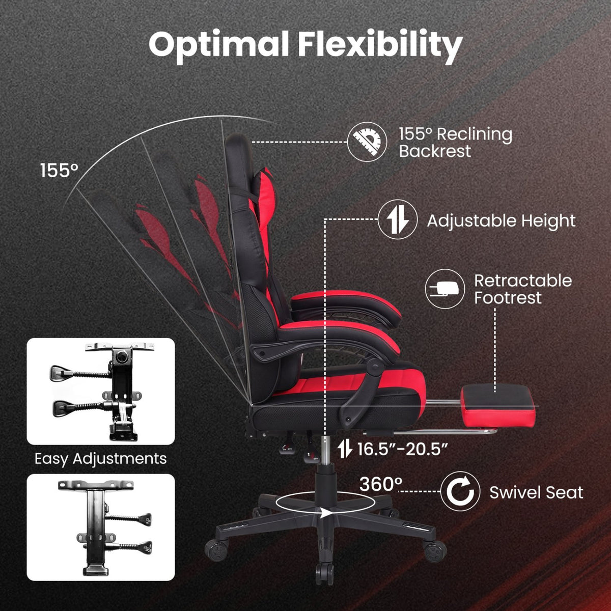 Ergonomic Video Game Chair with Headrest and Reclining Backrest-Red view 8