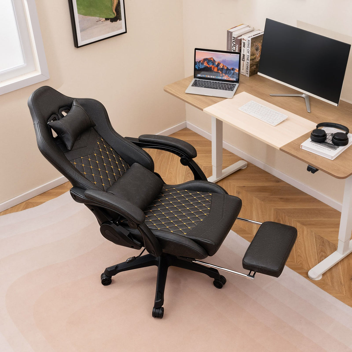 Ergonomic Video Game Computer Chair with Headrest and Lumbar Pillow-Black view 2