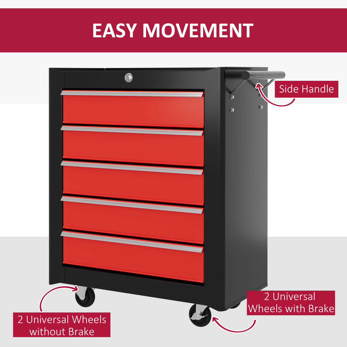 5 Drawer Roller Tool Chest, Lockable Toolbox, Storage Organizer with Handle for Workshop Mechanics Garage – view 5