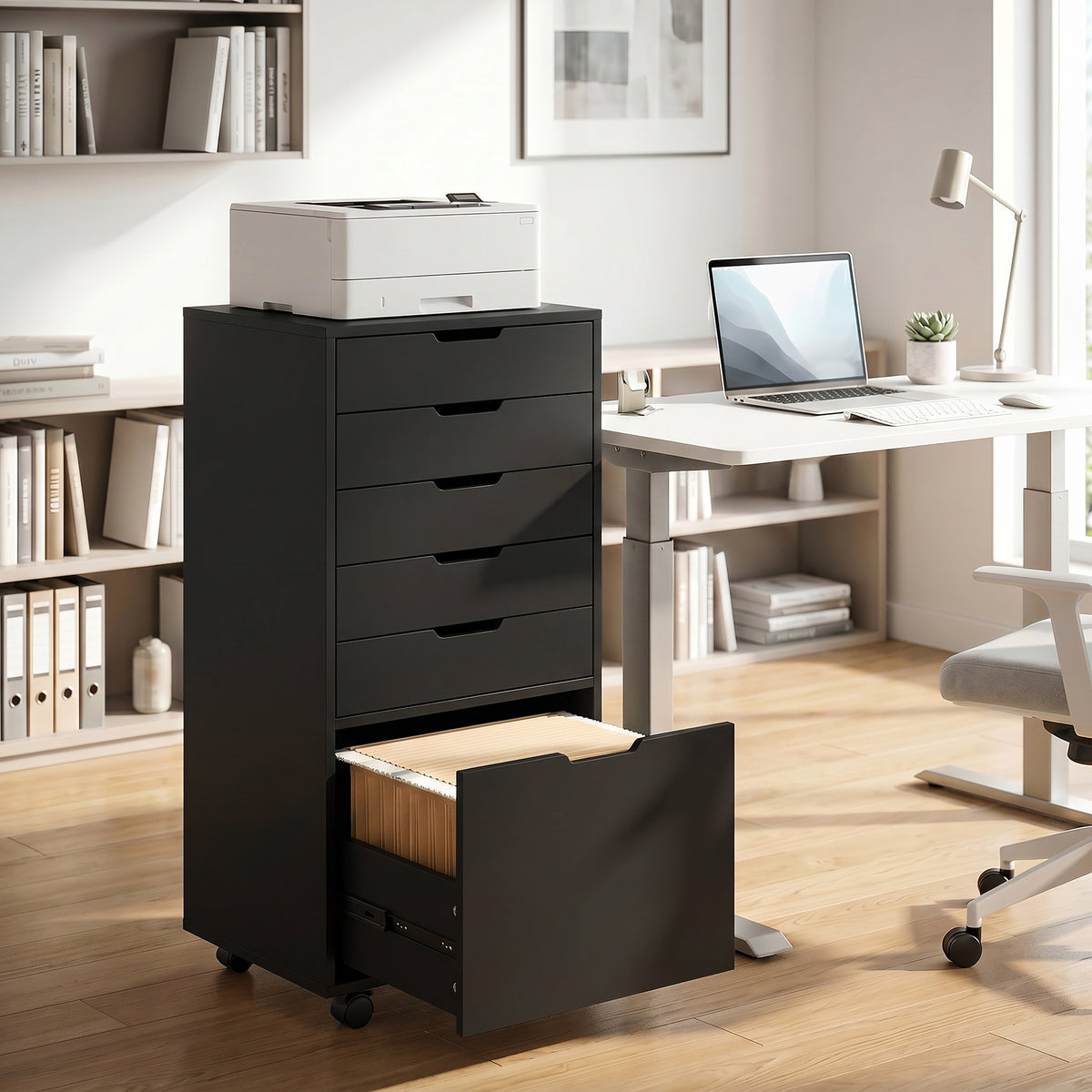 File Cabinet on Wheels Mobile Printer Stand with 6 Drawers for Home Office Black