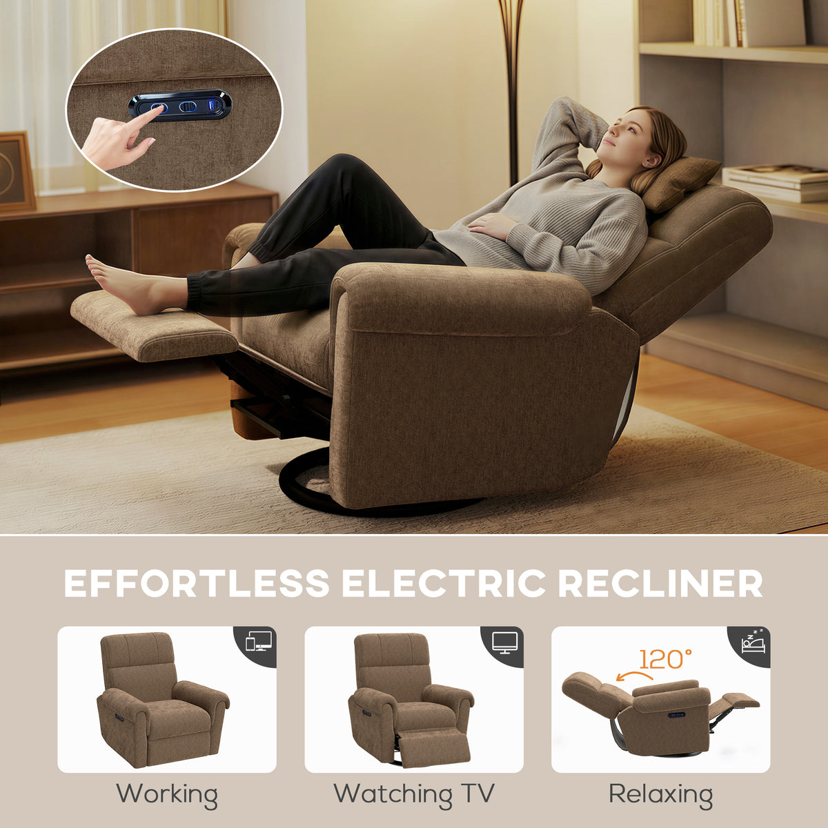 Power Recliner Chair, Fabric Upholstered Recliner Chair with USB Ports, Swivel and Rocking Function – view 17