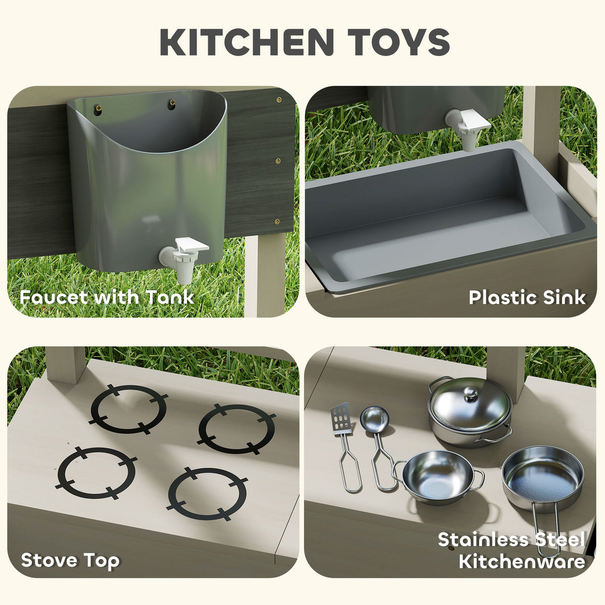 Kids Sandbox with Cover Kitchen Playset Toys, Wooden Sand Box with Seat, Storage, for 3-7 Years Old, Grey – view 4