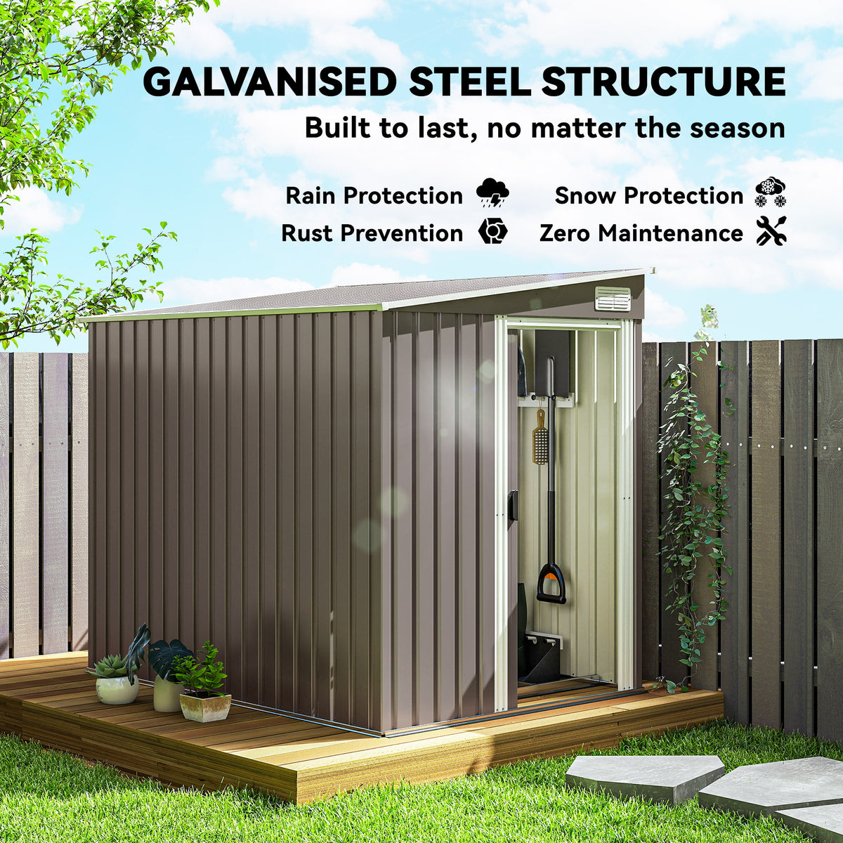 5'x7' Lean to Galvanized Metal Shed with Foundation, Garden Tool Storage House with Sliding Door and 2 – view 17