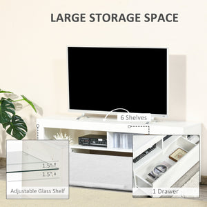 TV Stand for 55-Inch TVs, High Gloss TV Bench with LED Lights, Remote Control, Storage Drawer and Shelves, Entertainment Unit for Living Room, Bedroom, White