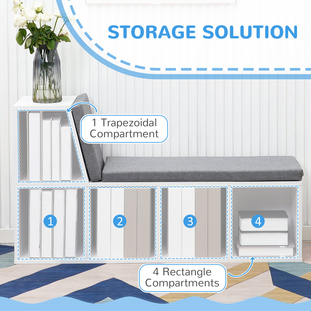 Multi-Purpose Bookshelf with 5 Cubes, 5-Cubby Bookcase with Cushioned Reading Nook and Storage Shelves, Blue – view 11