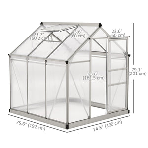 6' x 6' x 6.6' Polycarbonate Greenhouse, Walk-In Green House Kit Garden, Plants Grow, Galvanized Sheet Aluminum Frame with Rain Gutter, Vent and Sliding Door, Silver