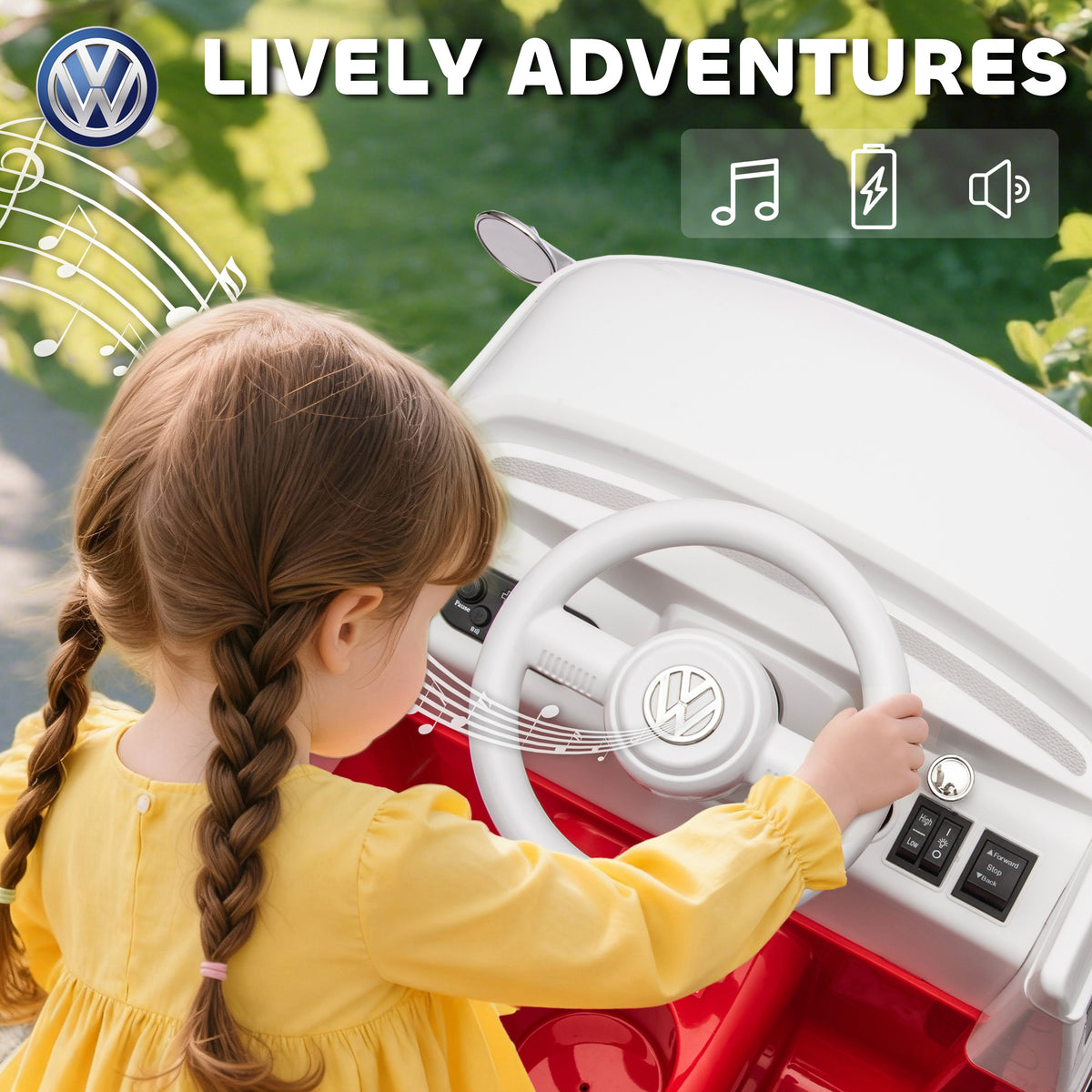 Qaba 12V Kids Ride on Car, Lisensed Volkswagen T1 Electric Vehicle with Dual Motor and Soft Start for 3-7 Years, Red