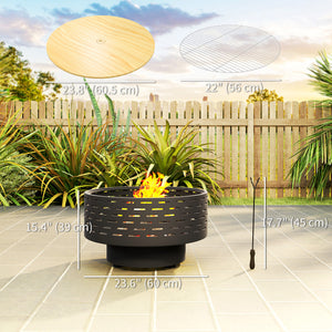 3-in-1 Fire Pit Φ23.8" x 15.4" Outdoor Fire Bowl with Grill Grate, Wood-Effect Fire Basket