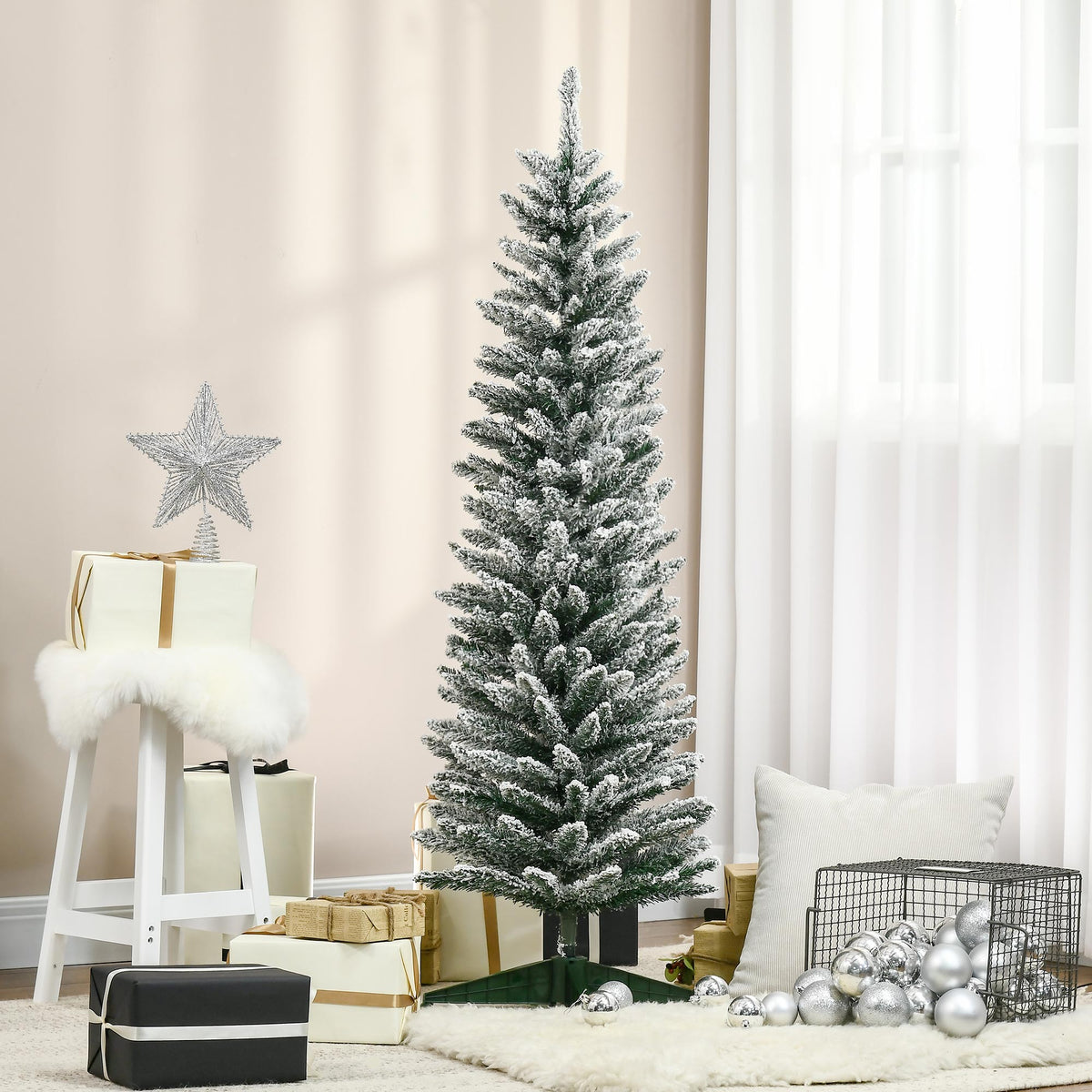 5ft Tall Pencil Artificial Christmas Tree, Holiday Décor with Snow Flocked Branches, Green – view 7