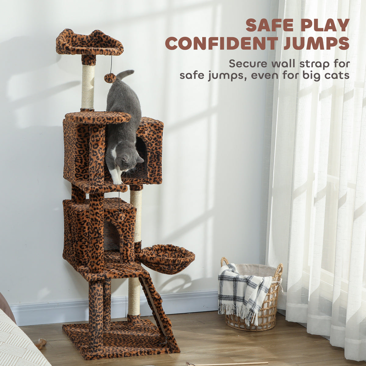 63 Inch Cat Tree with Sisal Scratching Posts, Condos, Plush Perches, Hammock, Ladder, Dangling Balls, Beige – view 26