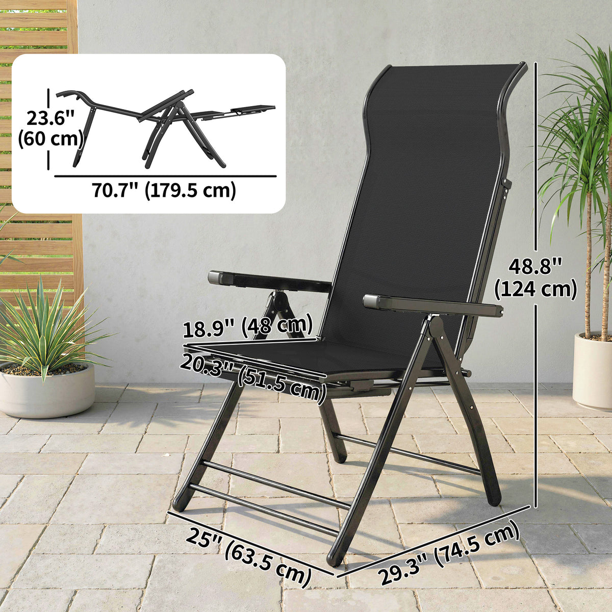 Folding Patio Chairs Set of 2, 5-Position Outdoor Lounge Chairs with High Back, Retractable Footrest, Black – view 2