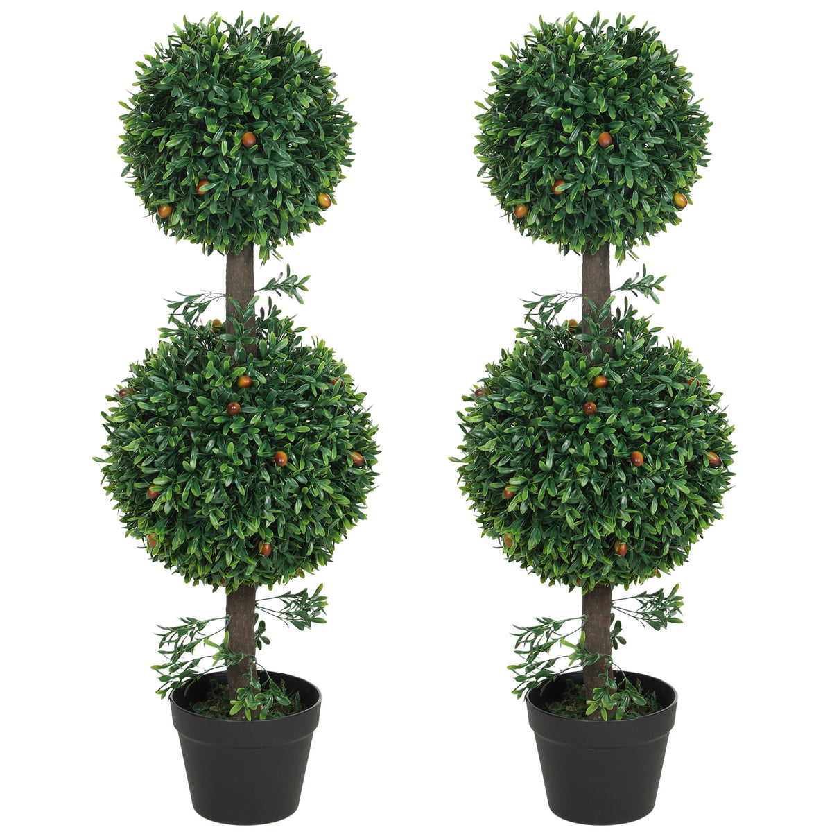 3FT Artificial Boxwood Topiary Tree Set of 2, Faux Two Ball Topiary Tree in Pot for Indoor Outdoor Decor