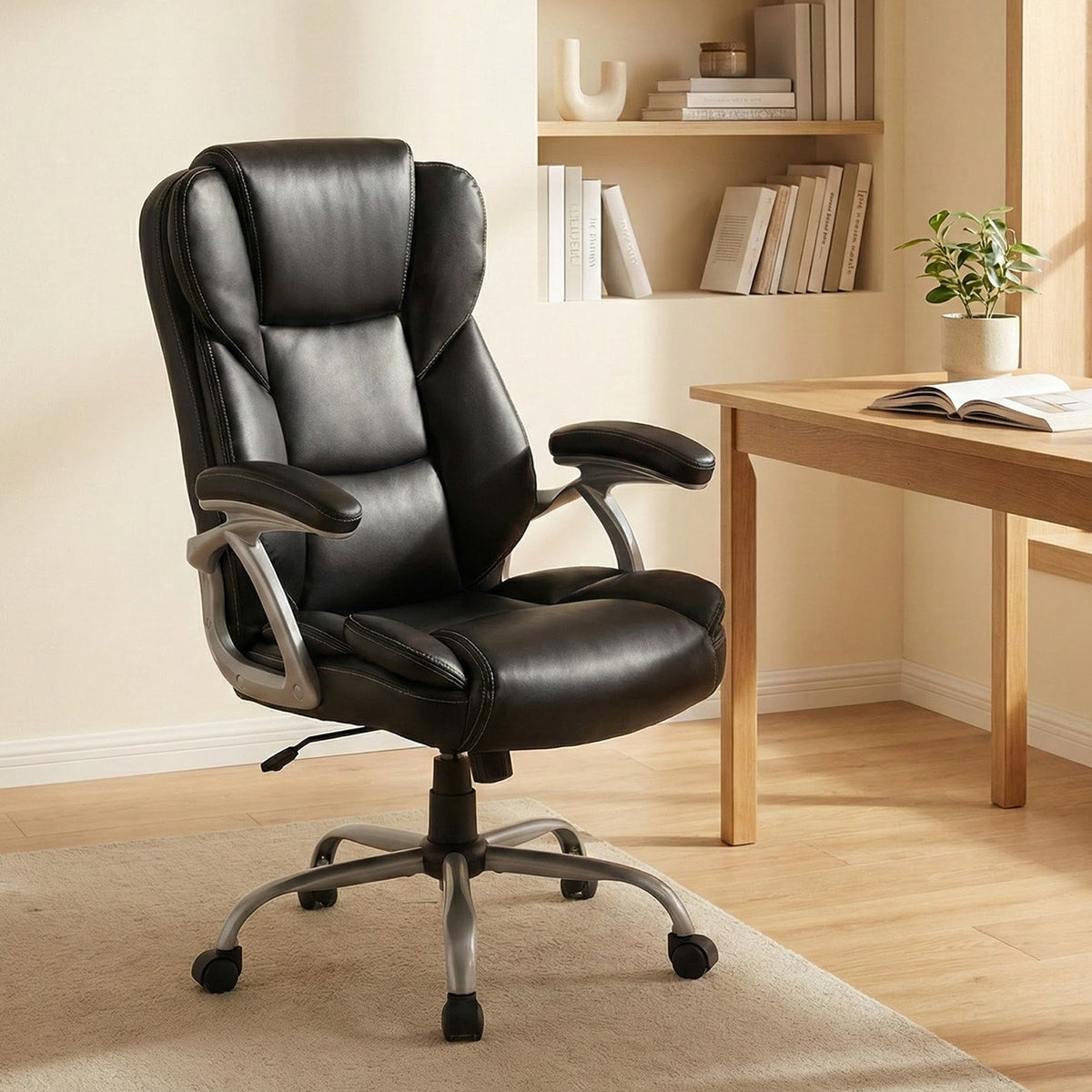 Executive Office Chair Leather Ergonomic Computer Desk Chair with Padded Seat and Armrests-Black view 2