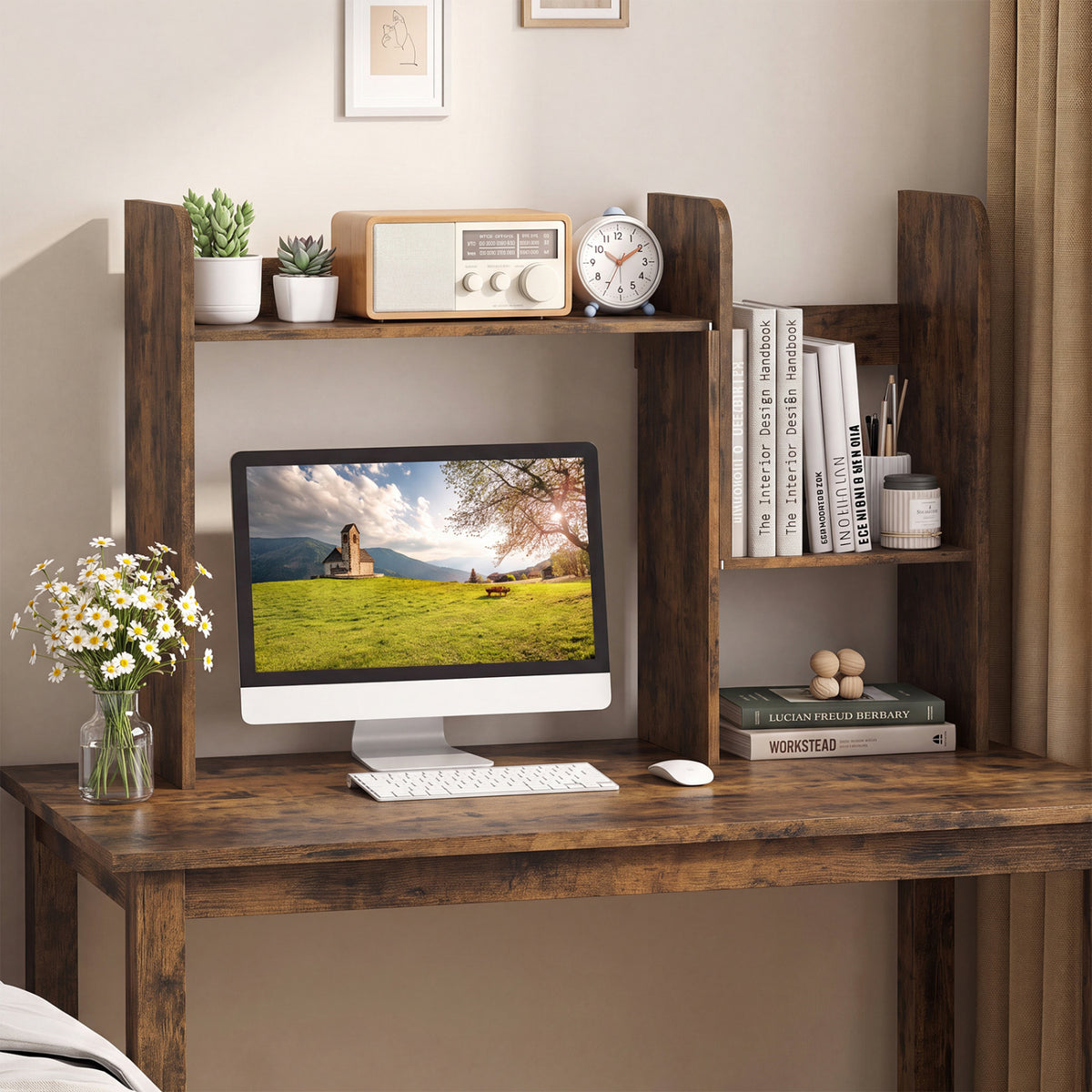 Expandable Desk Bookshelf with Open Cubes and Desktop Display Rack-Rustic Brown view 3