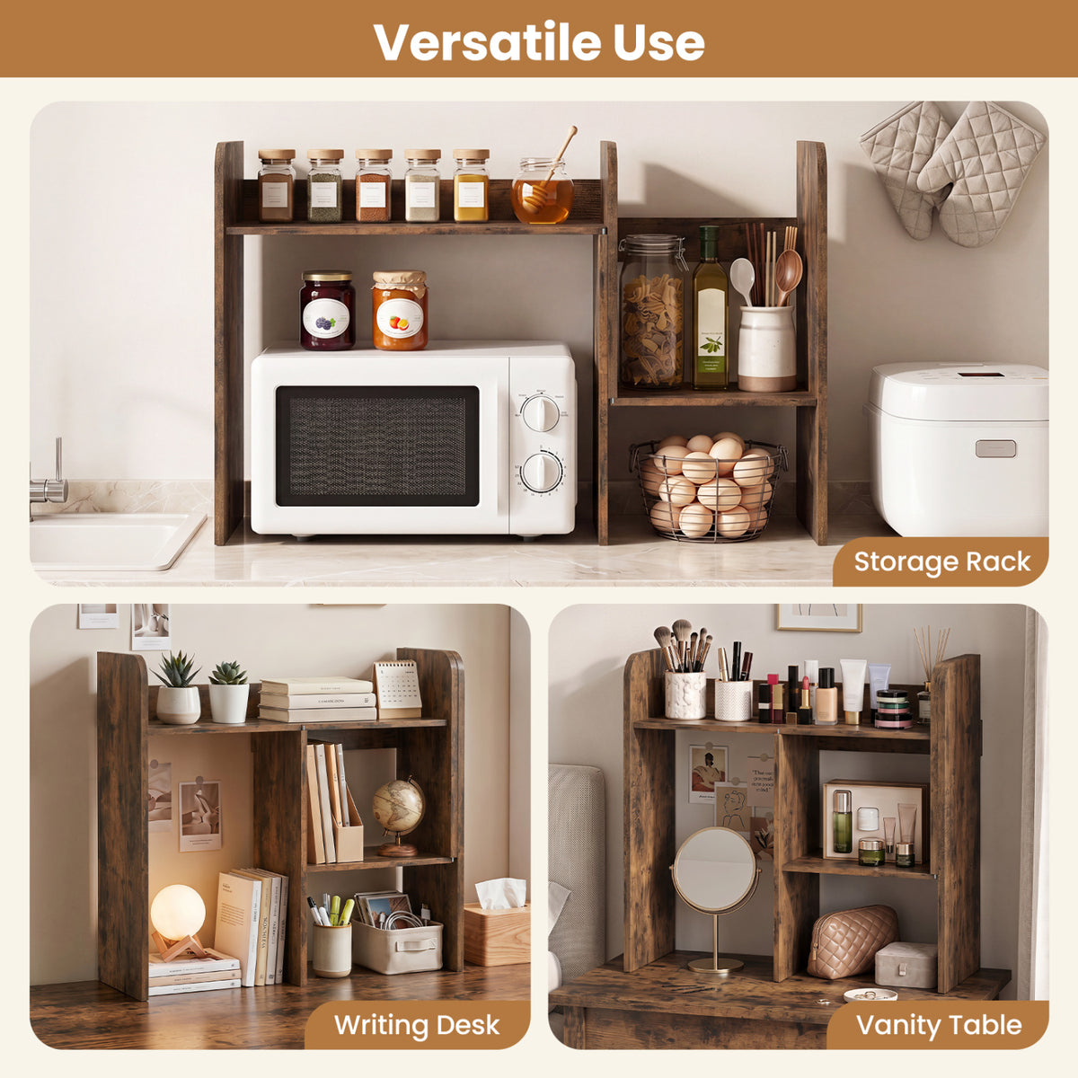 Expandable Desk Bookshelf with Open Cubes and Desktop Display Rack-Rustic Brown view 5