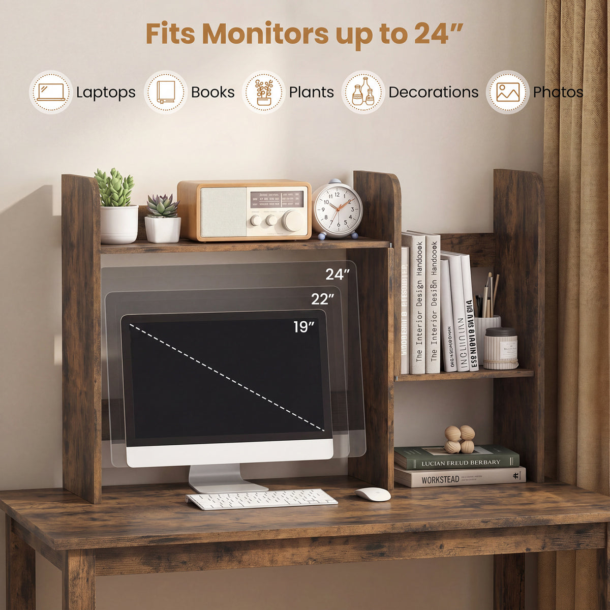 Expandable Desk Bookshelf with Open Cubes and Desktop Display Rack-Rustic Brown view 6