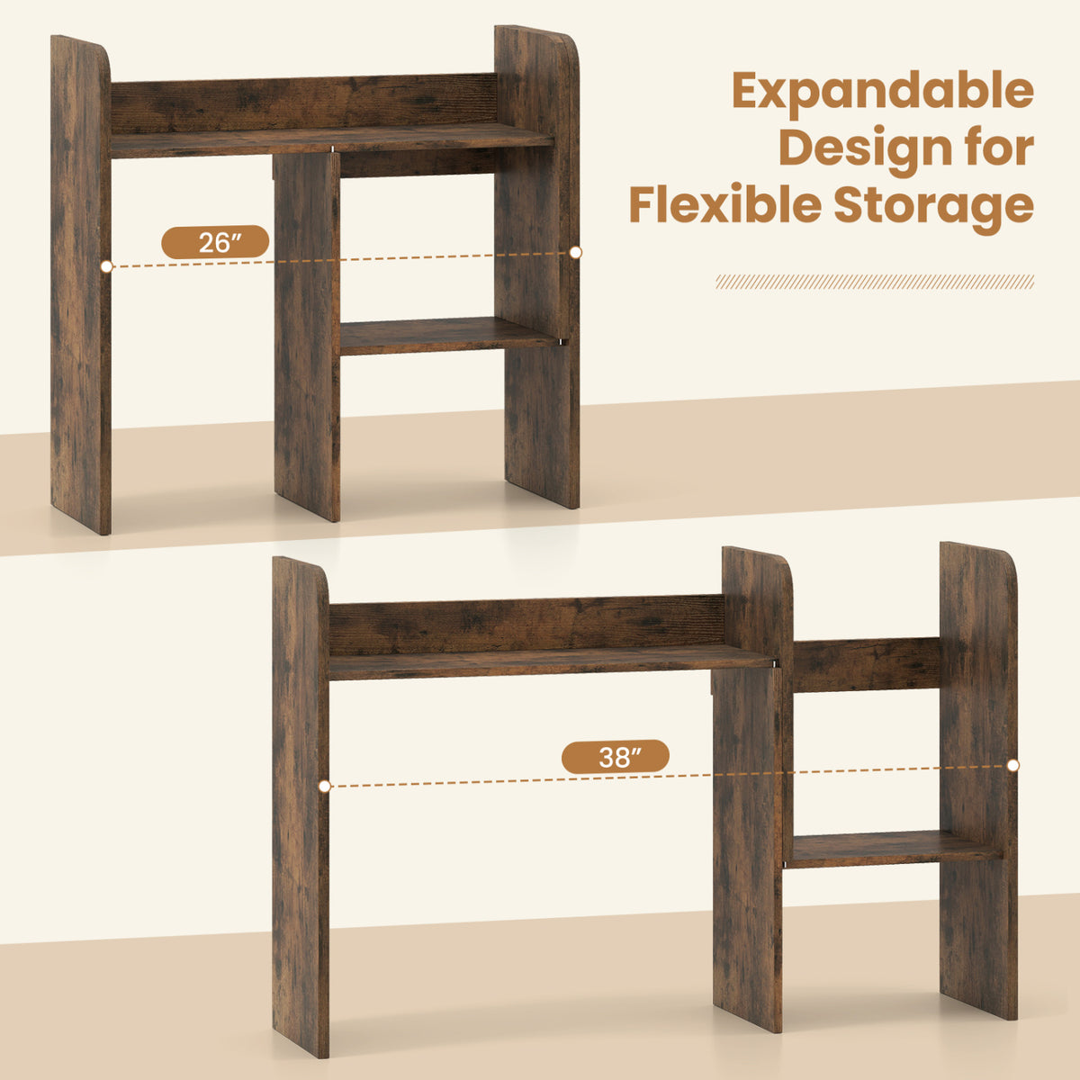 Expandable Desk Bookshelf with Open Cubes and Desktop Display Rack-Rustic Brown view 7