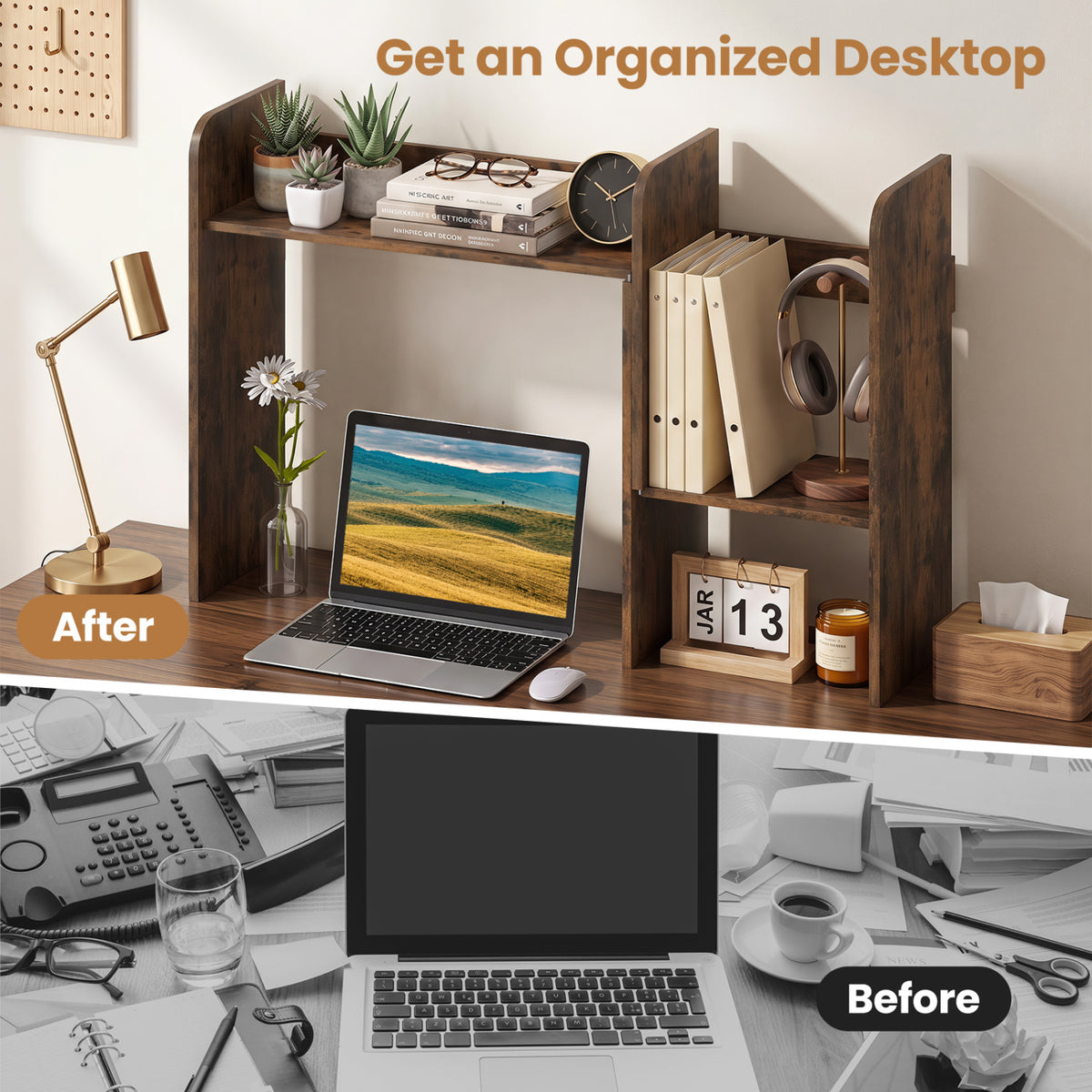 Expandable Desk Bookshelf with Open Cubes and Desktop Display Rack-Rustic Brown view 8