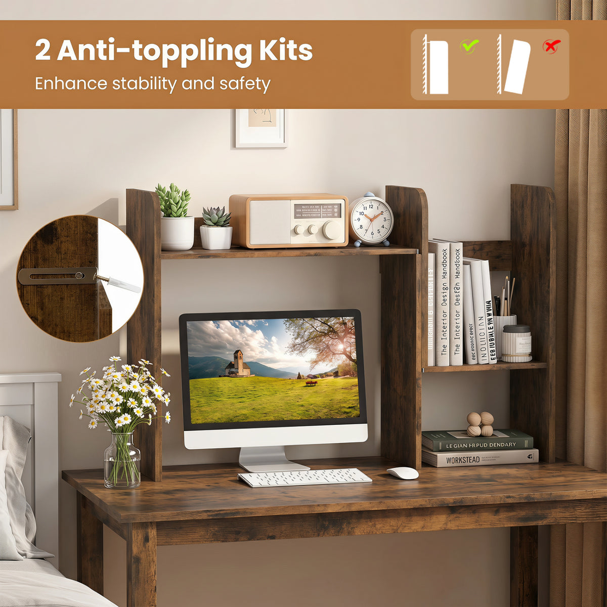 Expandable Desk Bookshelf with Open Cubes and Desktop Display Rack-Rustic Brown view 9