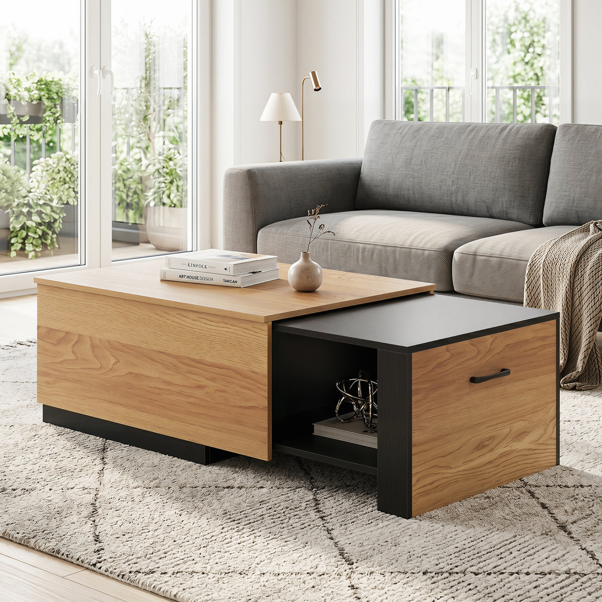 Extendable Coffee table with Concealed Storage Compartment-Natural view 2