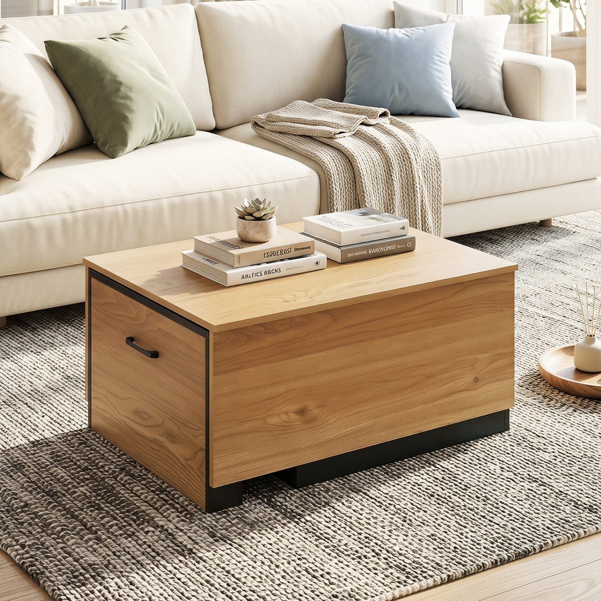 Extendable Coffee table with Concealed Storage Compartment-Natural view 6