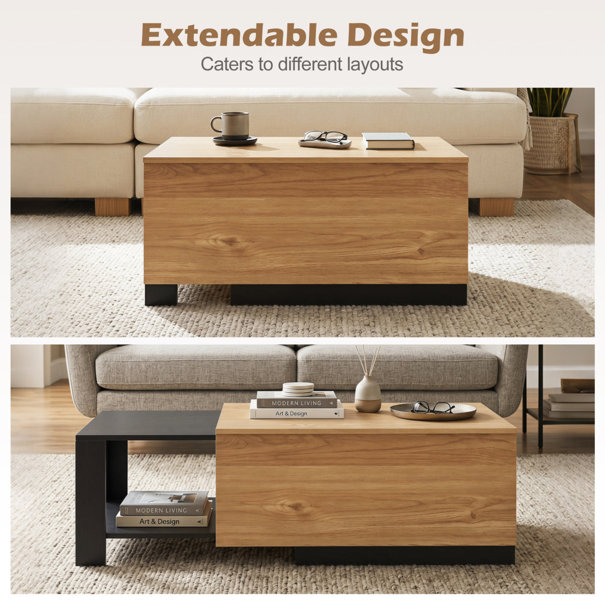 Extendable Coffee table with Concealed Storage Compartment-Natural view 7