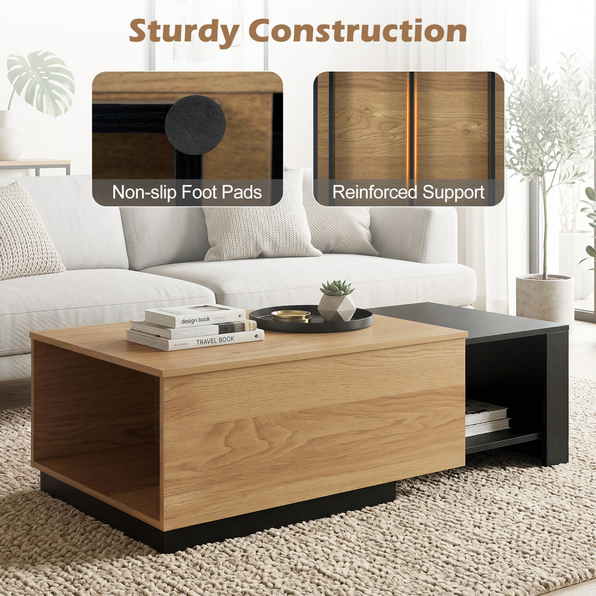Extendable Coffee table with Concealed Storage Compartment-Natural view 9