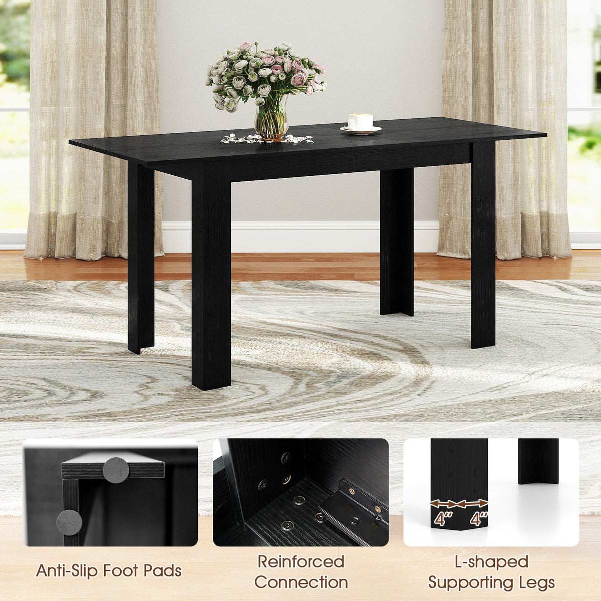 Extendable Dining Table for 4-8 People 47 inches-62 inches Large Rectangular Kitchen Table-Black view 7